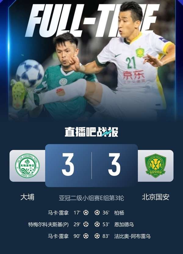 港超大埔创历史！3-3逼平国安刷新亚冠二级三项纪录